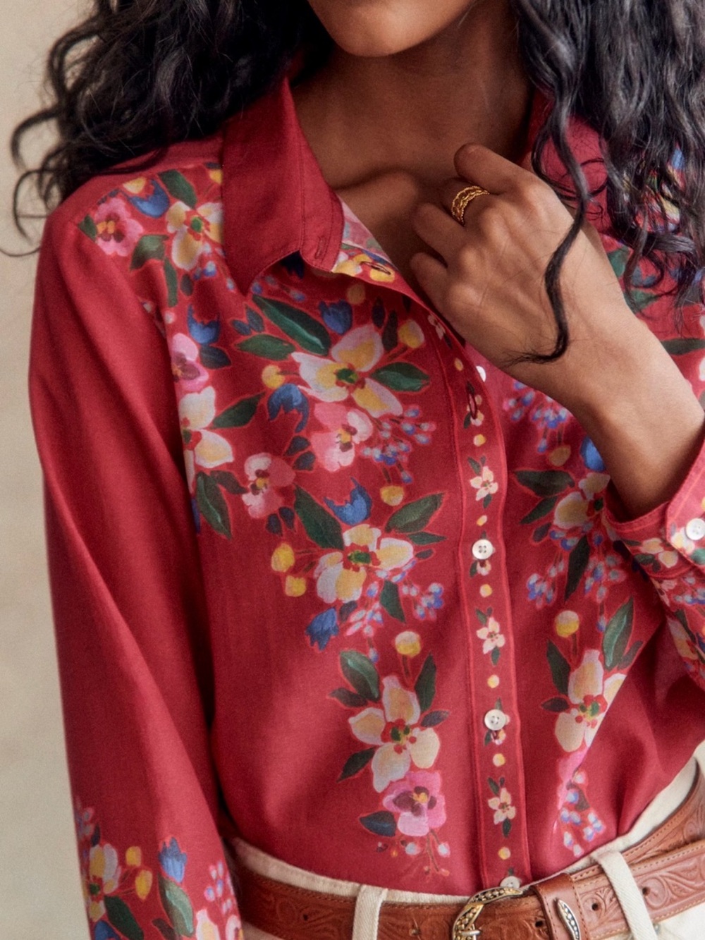 Sézane x Aimie Pierro Shirt Floral Embroidered Blouse Red Sz 44 / US 12